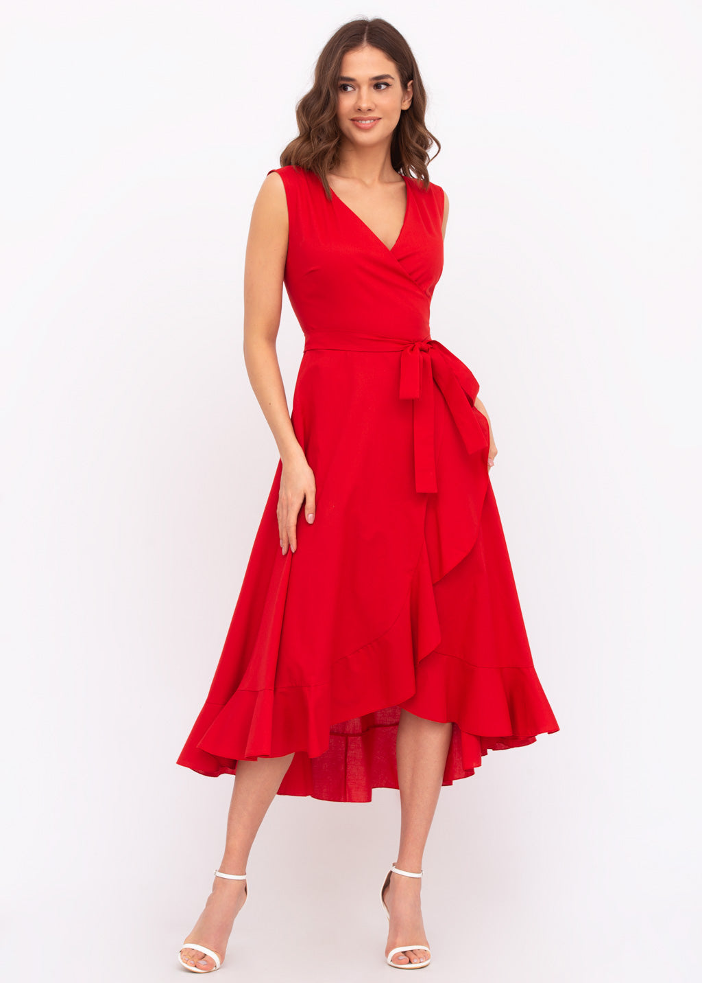 Red organic cotton midi wrap dress