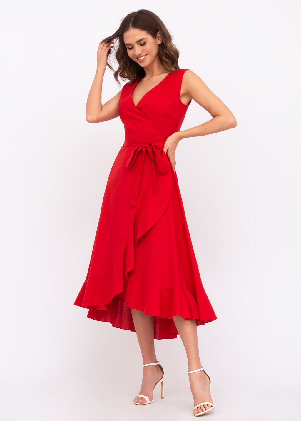 Red organic cotton midi wrap dress