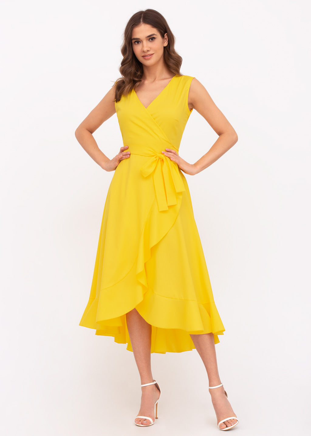 Yellow organic cotton midi wrap dress