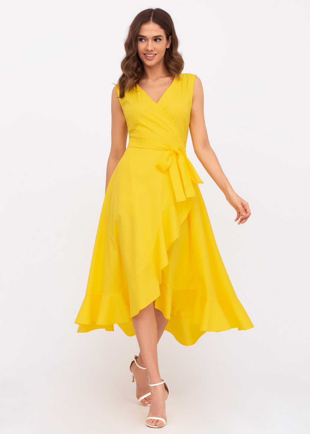 Yellow organic cotton midi wrap dress