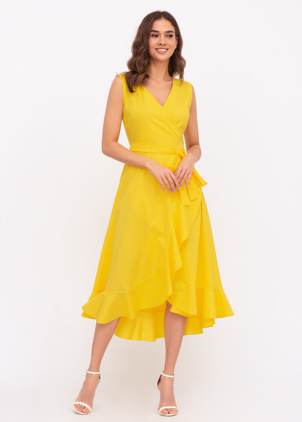 Yellow organic cotton midi wrap dress
