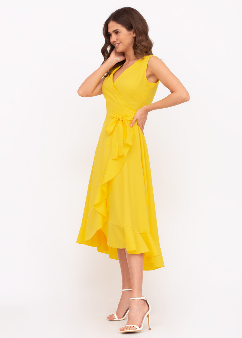 Yellow organic cotton midi wrap dress