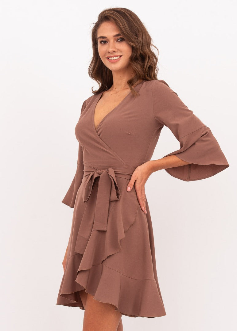 Brown mini wrap dress