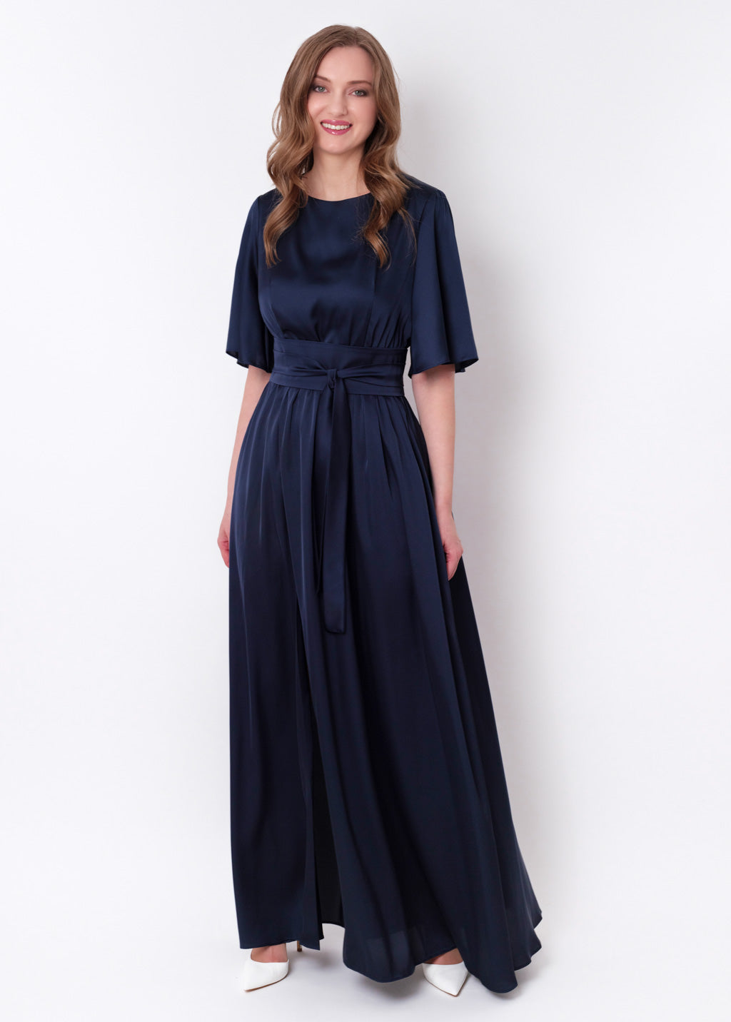 Navy blue silk dress with belt