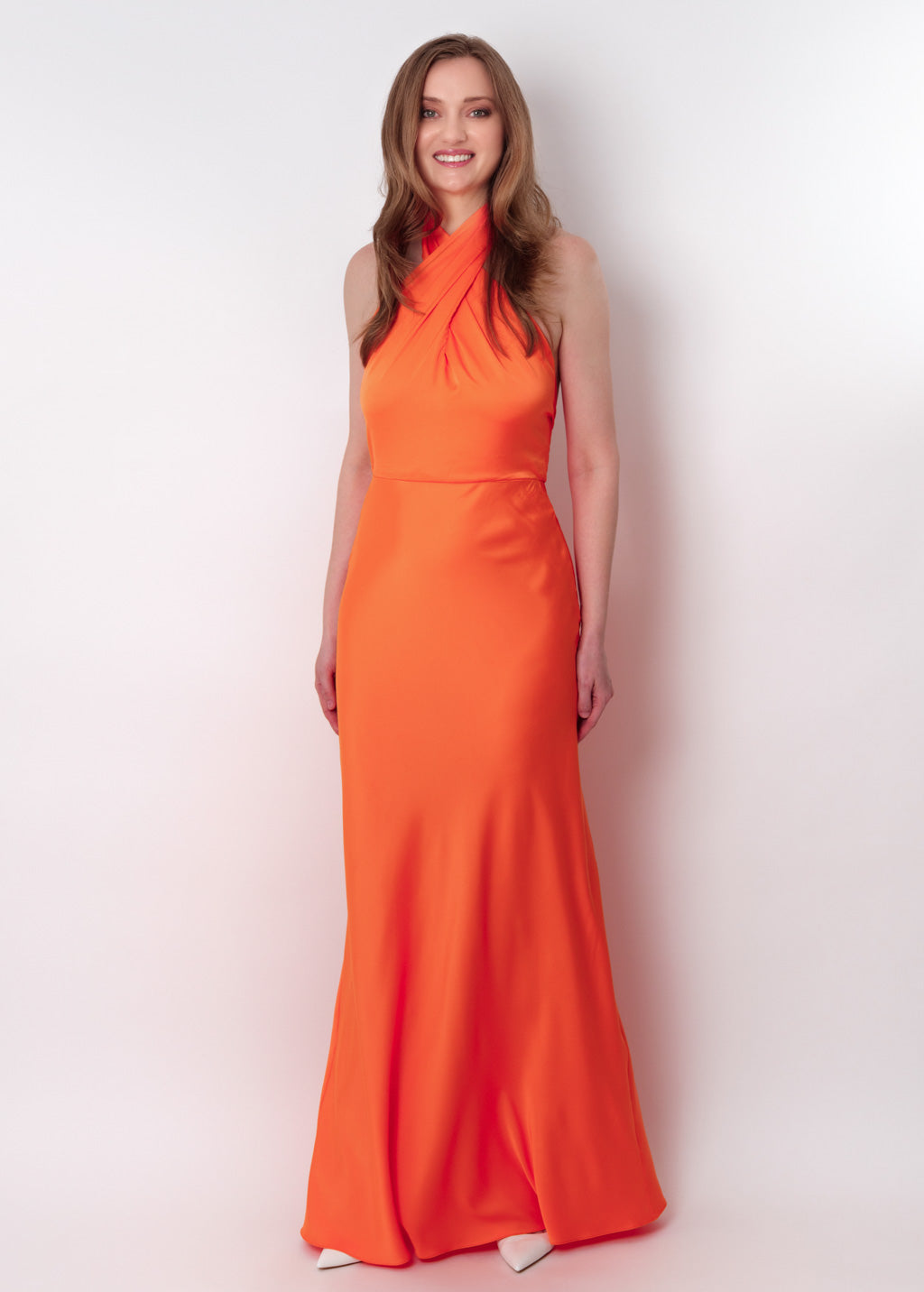 Orange silk long halter dress