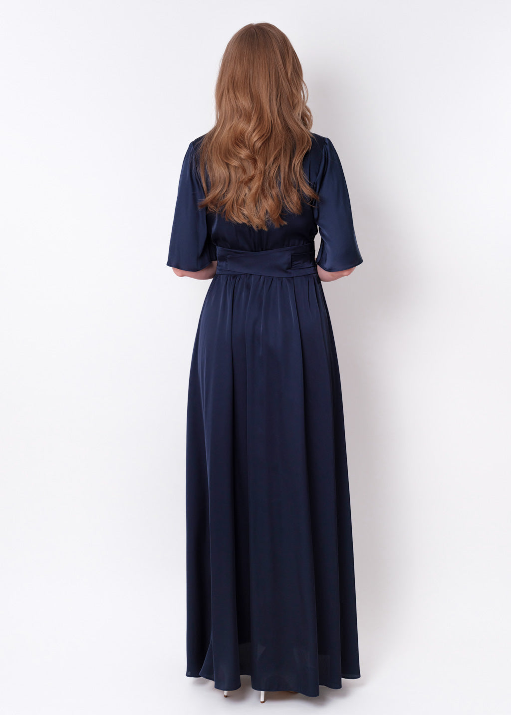 Navy blue slit silk dress with belt