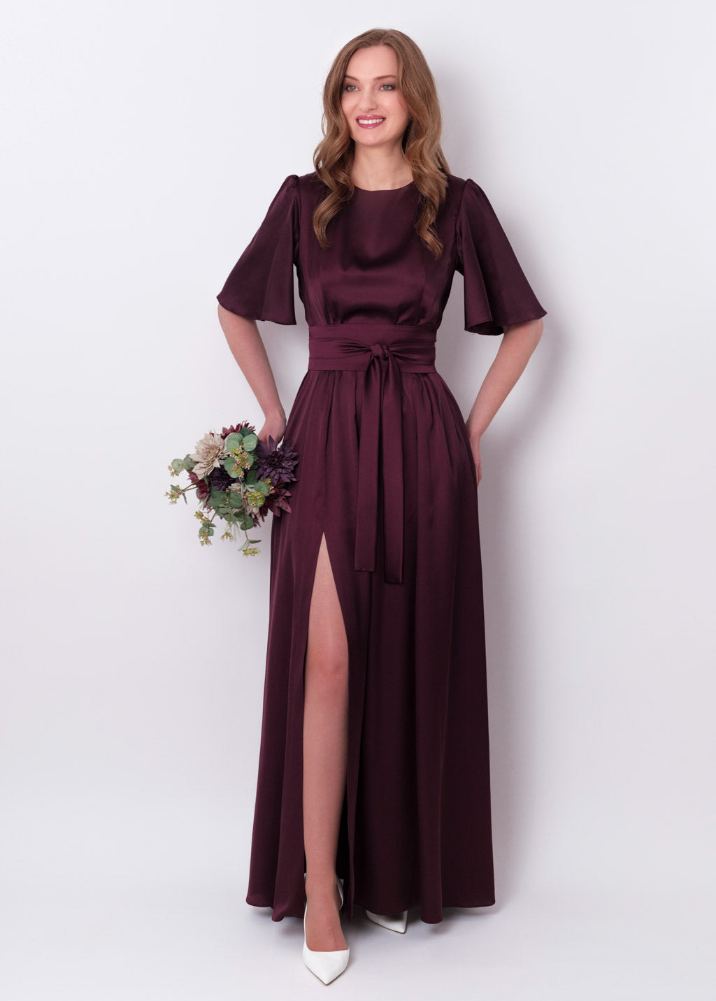 Dark burgundy slit silk dress with belt