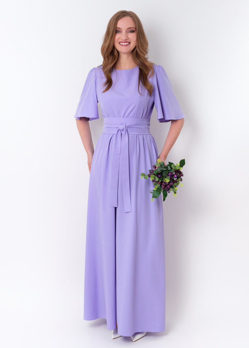 Light purple long slit dress with belt