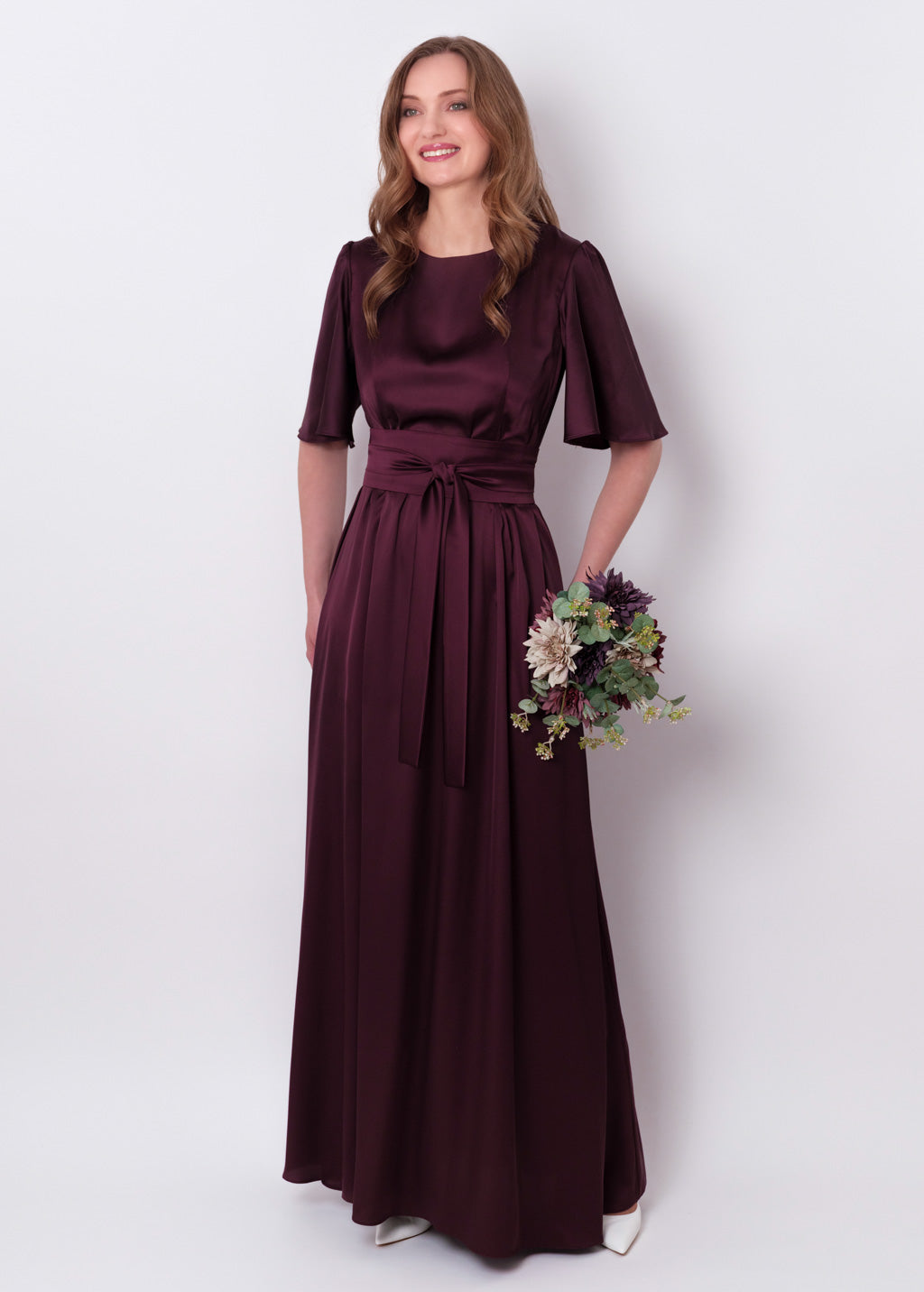 Dark burgundy slit silk dress with belt