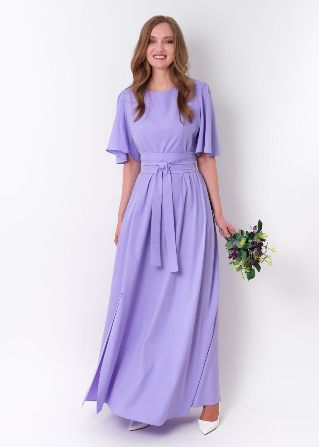 Light purple long slit dress with belt