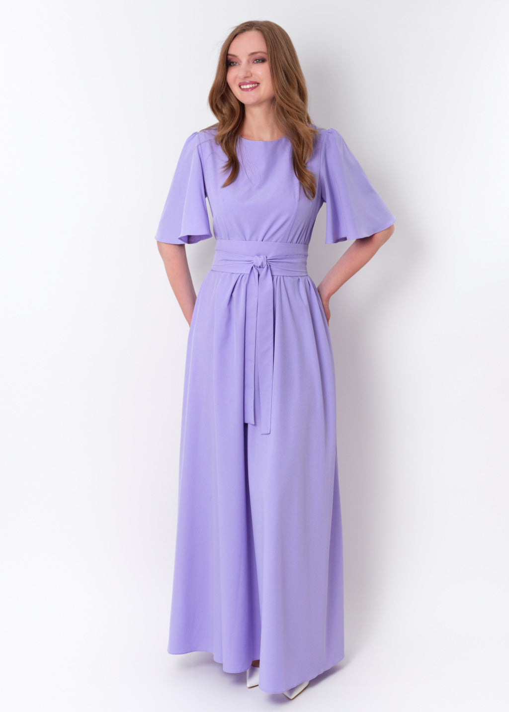 Light purple long slit dress with belt