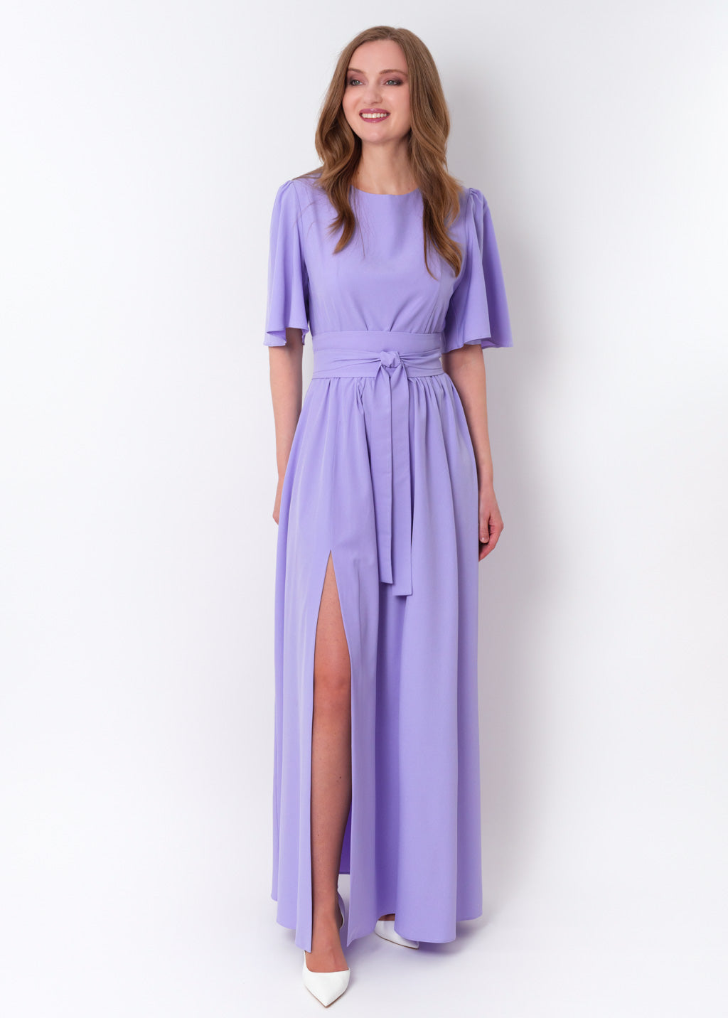 Light purple long slit dress with belt