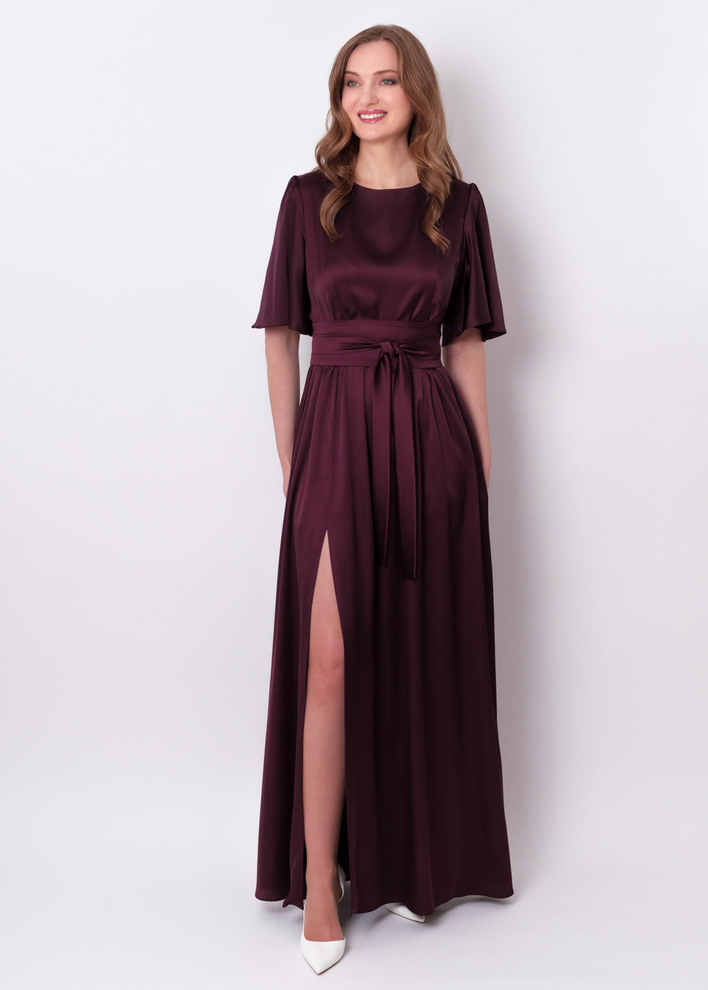 Dark burgundy slit silk dress with belt