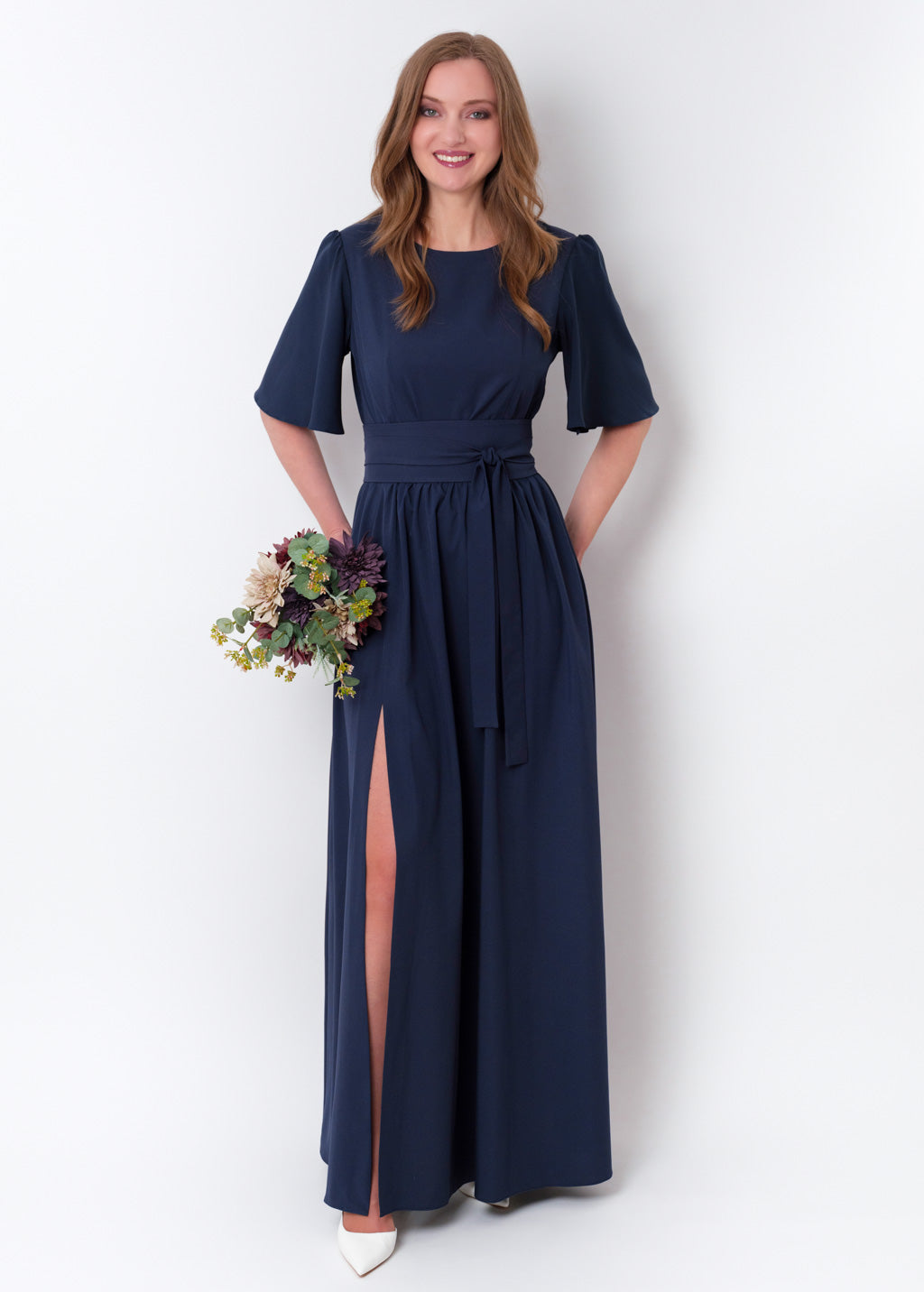 Navy blue long dress with belt