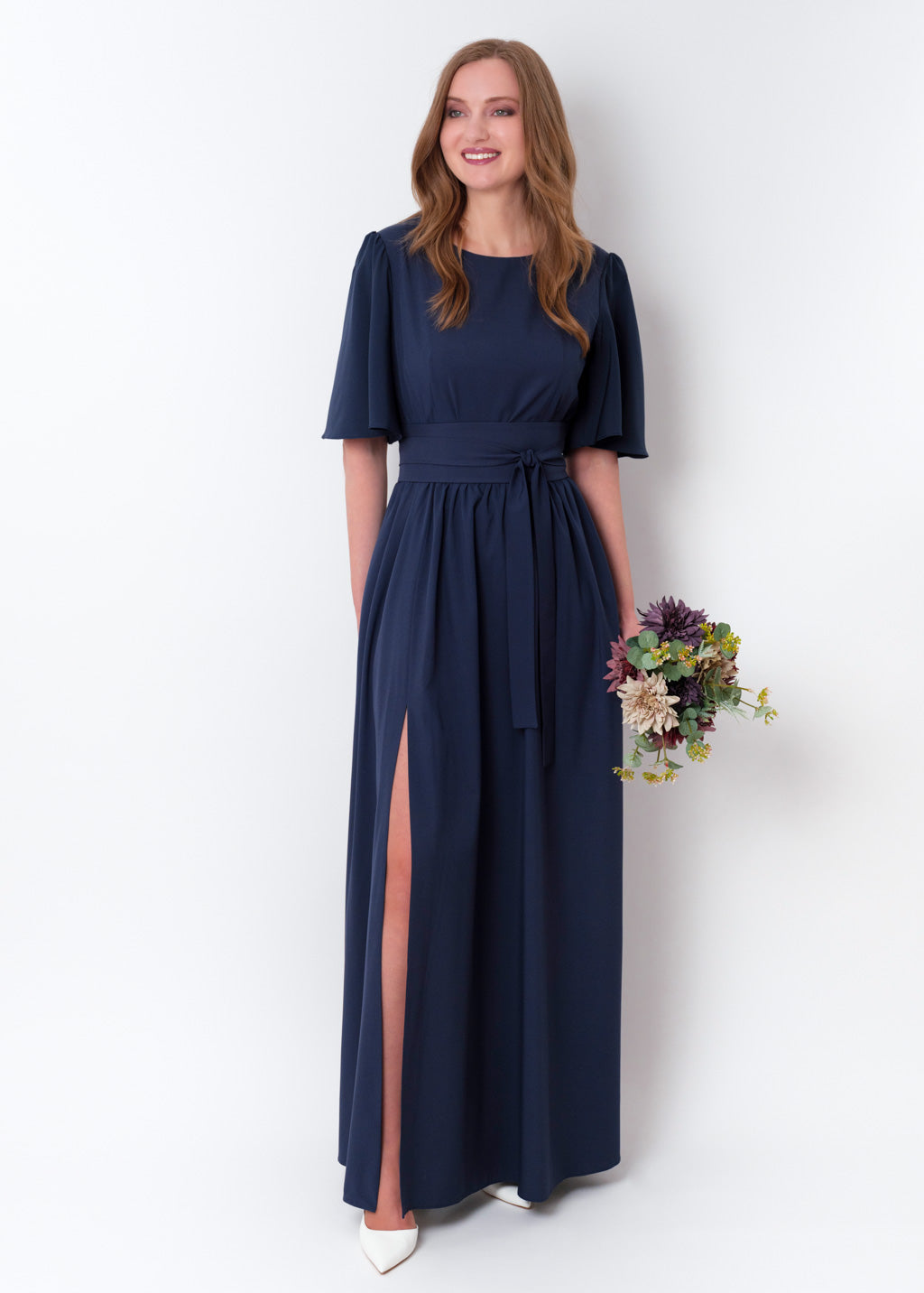 Navy blue long slit dress with belt