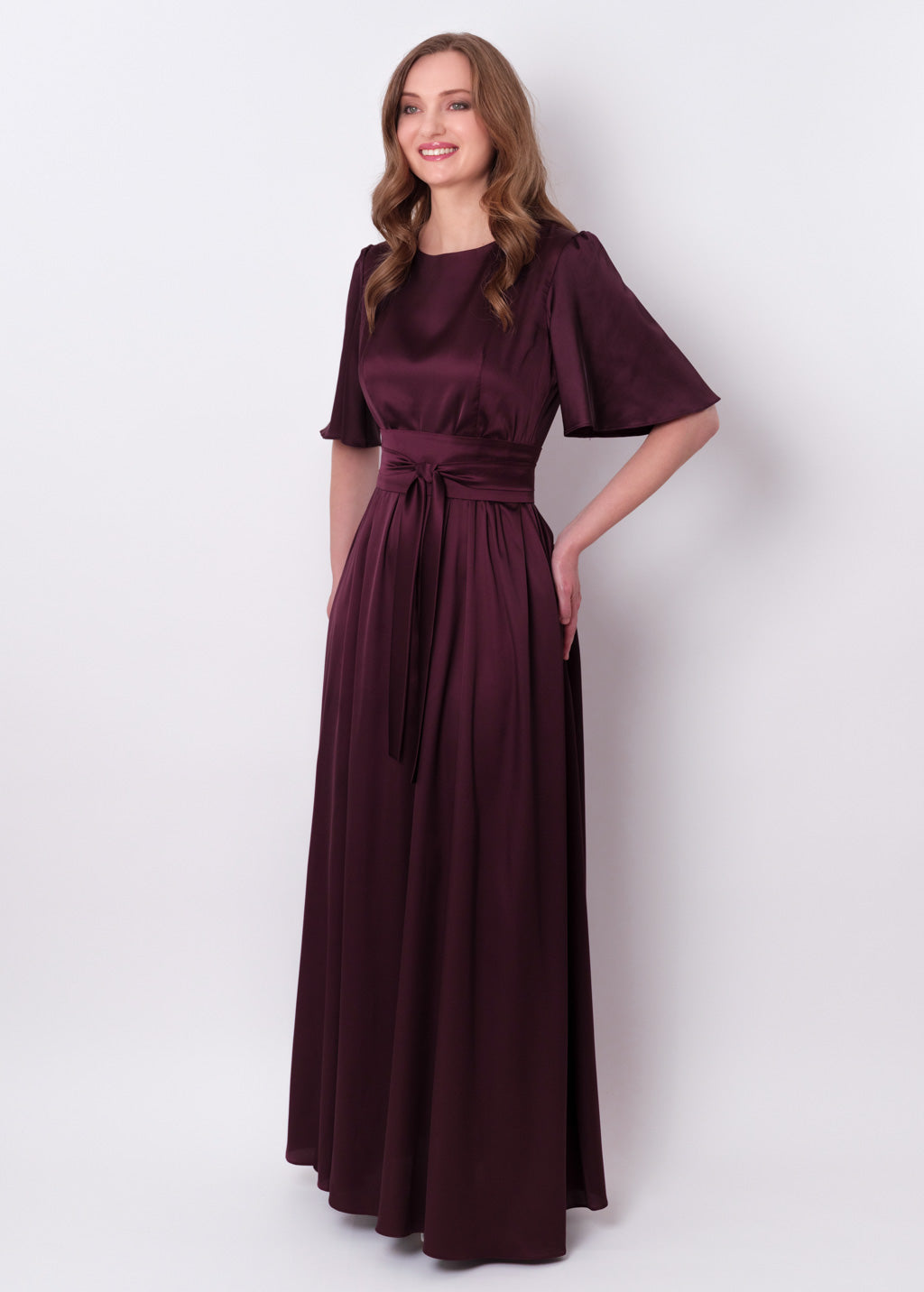 Dark burgundy silk dress with belt