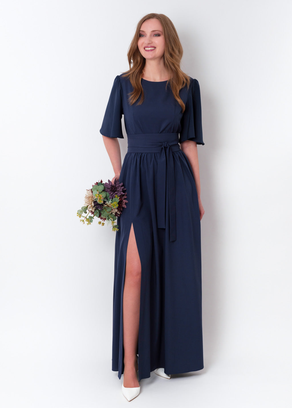 Navy blue long dress with belt