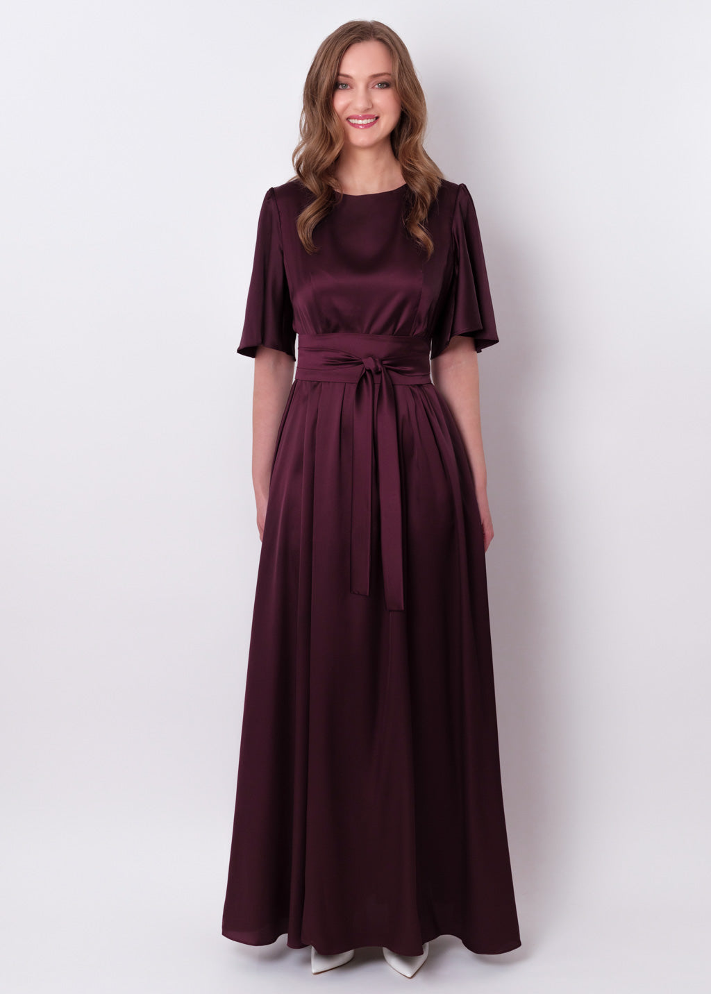 Dark burgundy silk dress with belt