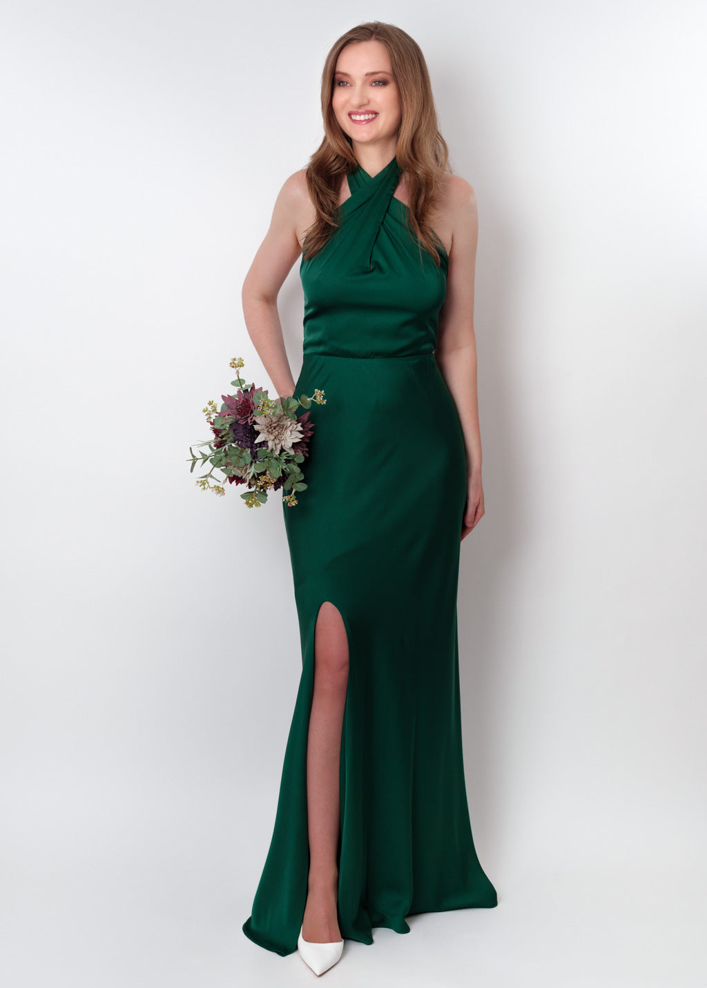 Dark green silk slit halter dress