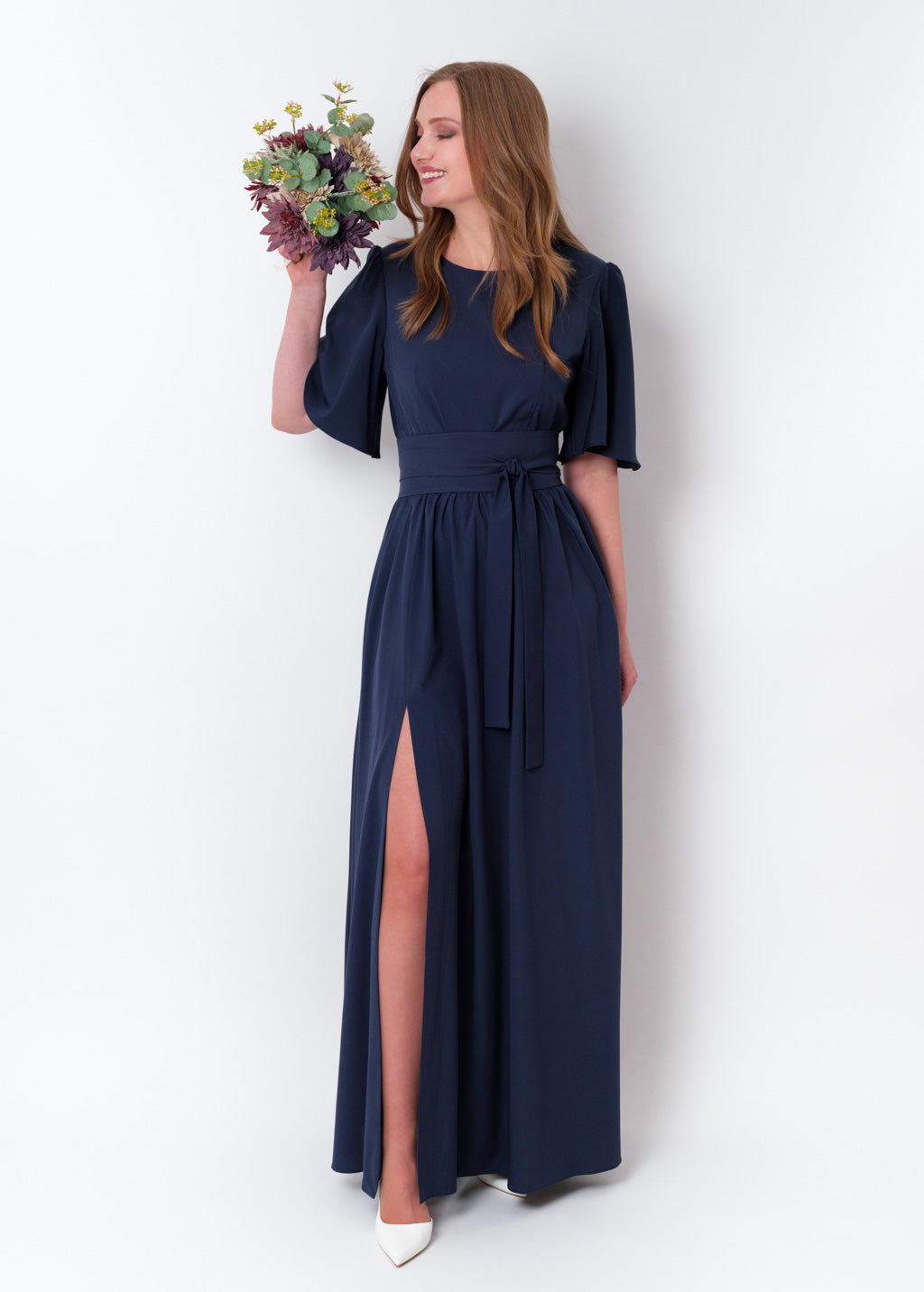 Navy blue long slit dress with belt