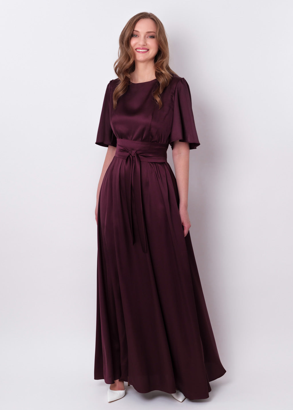 Dark burgundy silk dress with belt