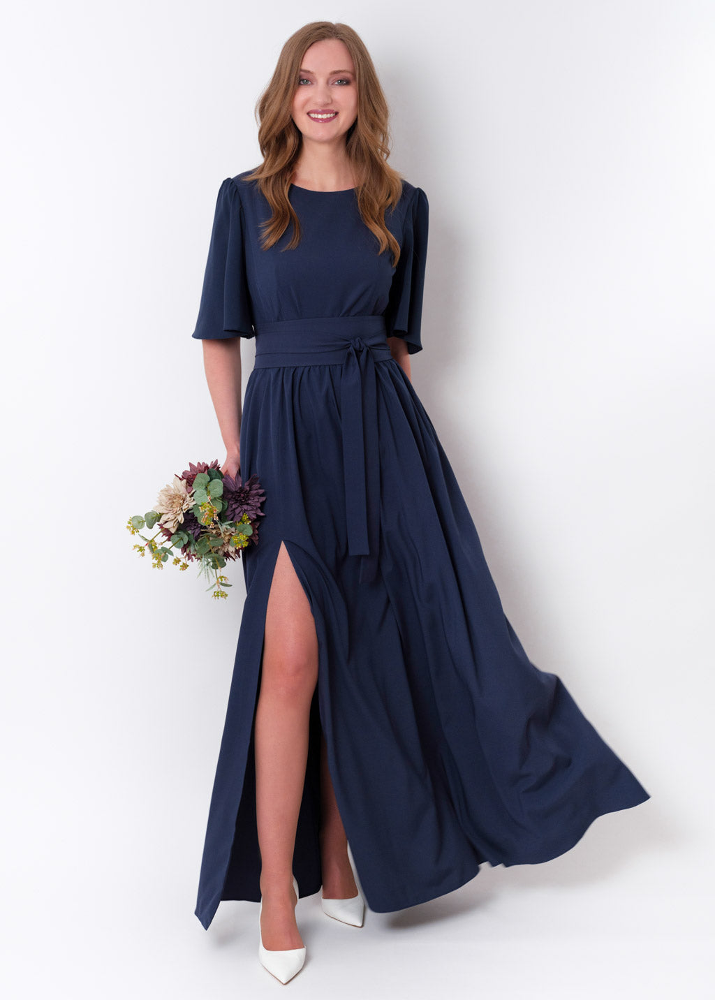 Navy blue long slit dress with belt