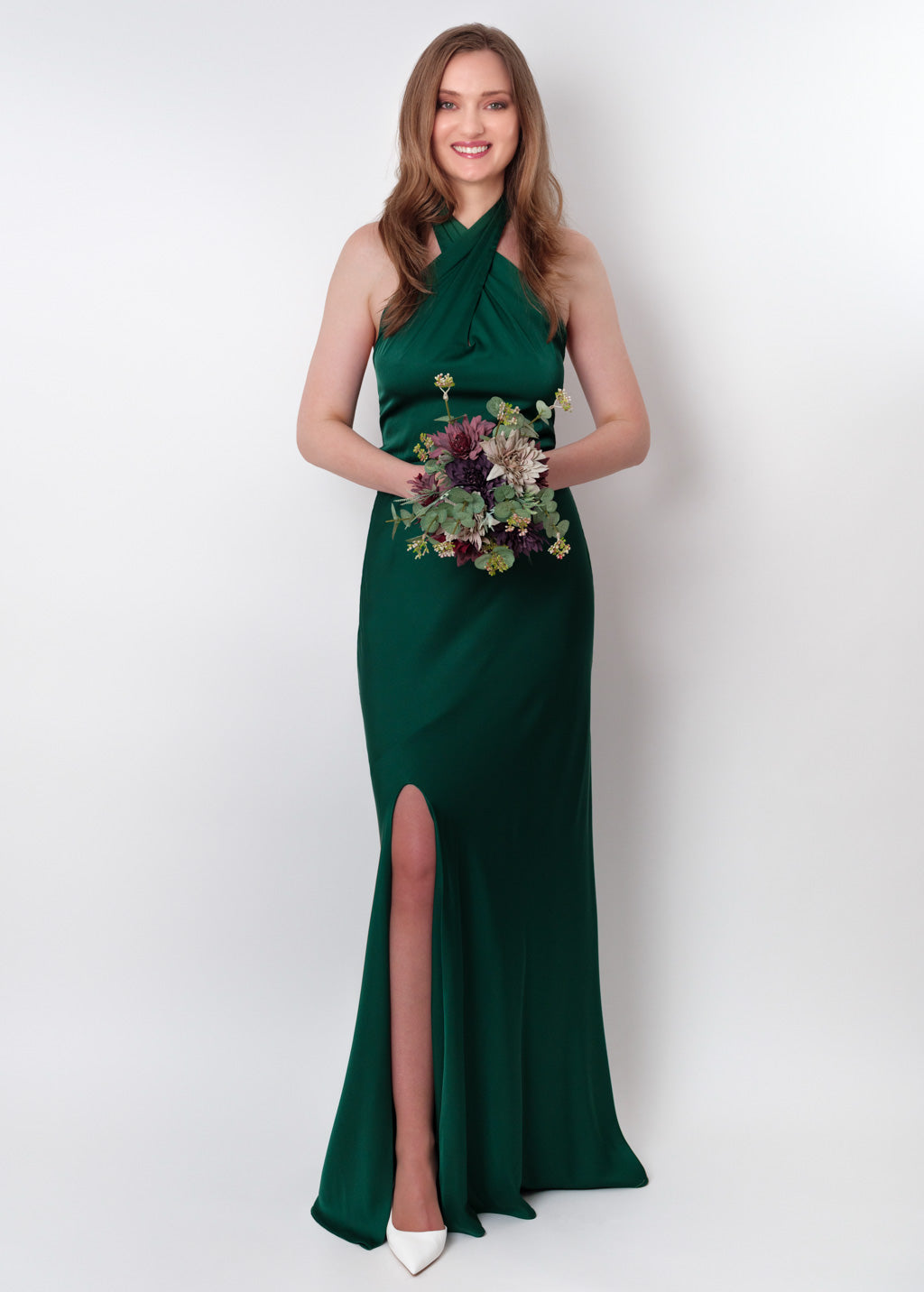 Dark green silk slit halter dress