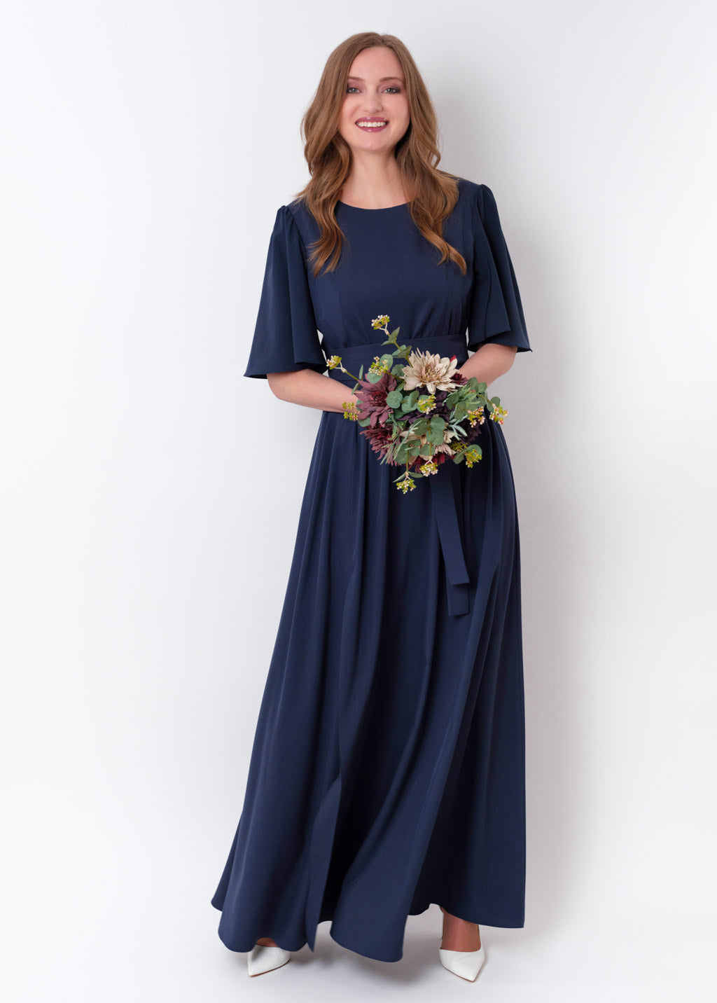 Navy blue long slit dress with belt