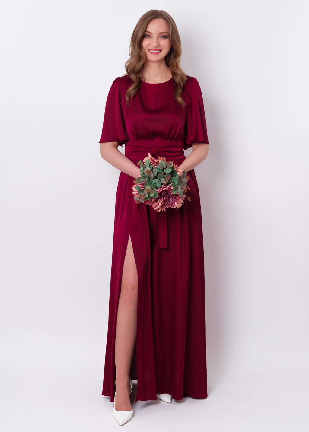 Burgundy slit silk dress with belt