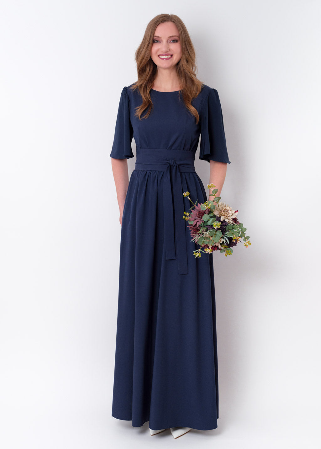 Navy blue long dress with belt