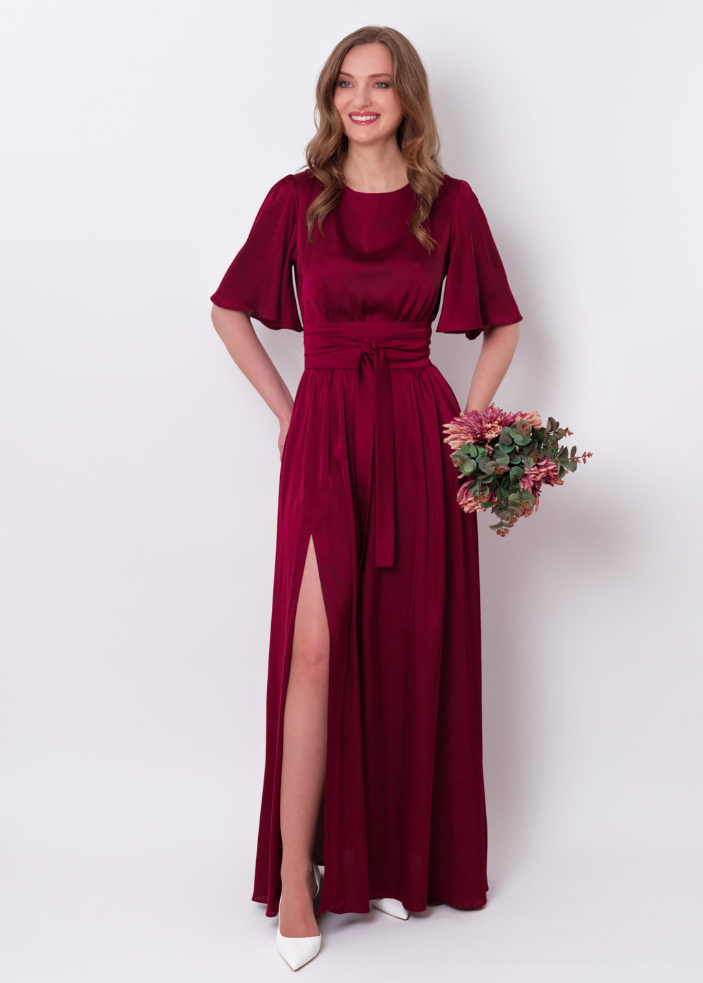 Burgundy slit silk dress with belt