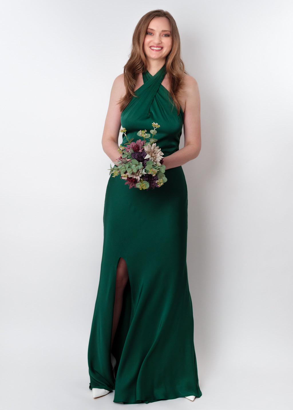 Dark green silk slit halter dress