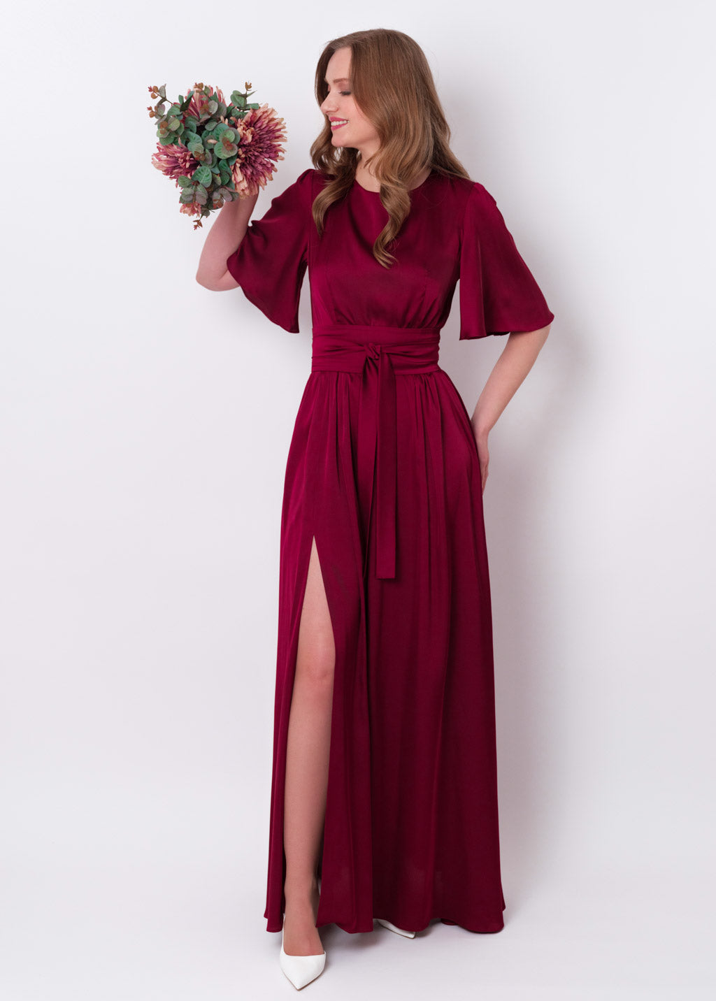 Burgundy slit silk dress with belt