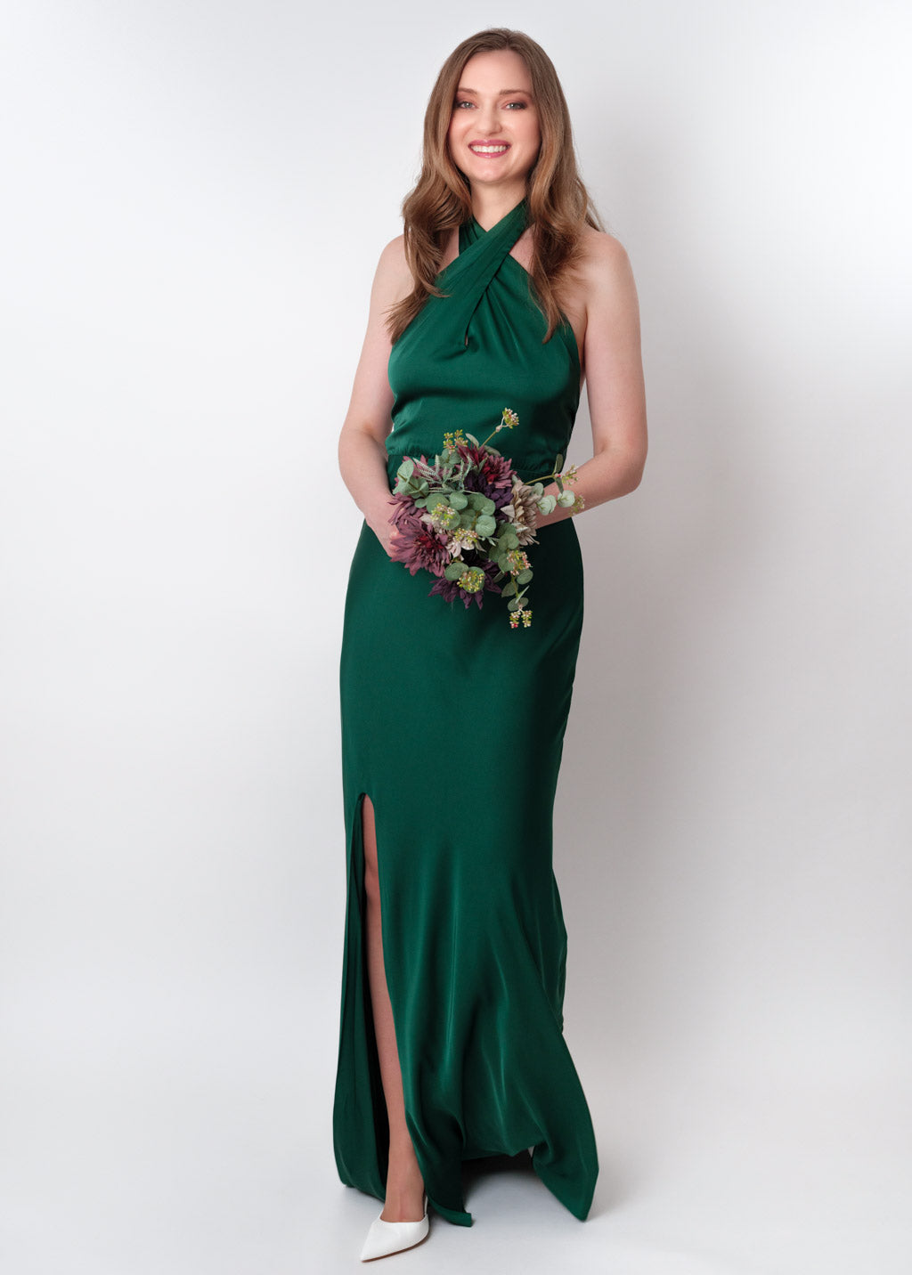 Dark green silk slit halter dress