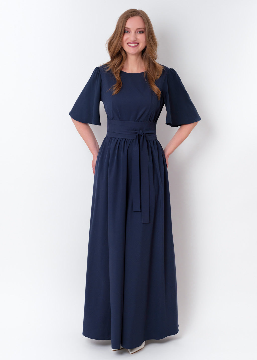 Navy blue long dress with belt