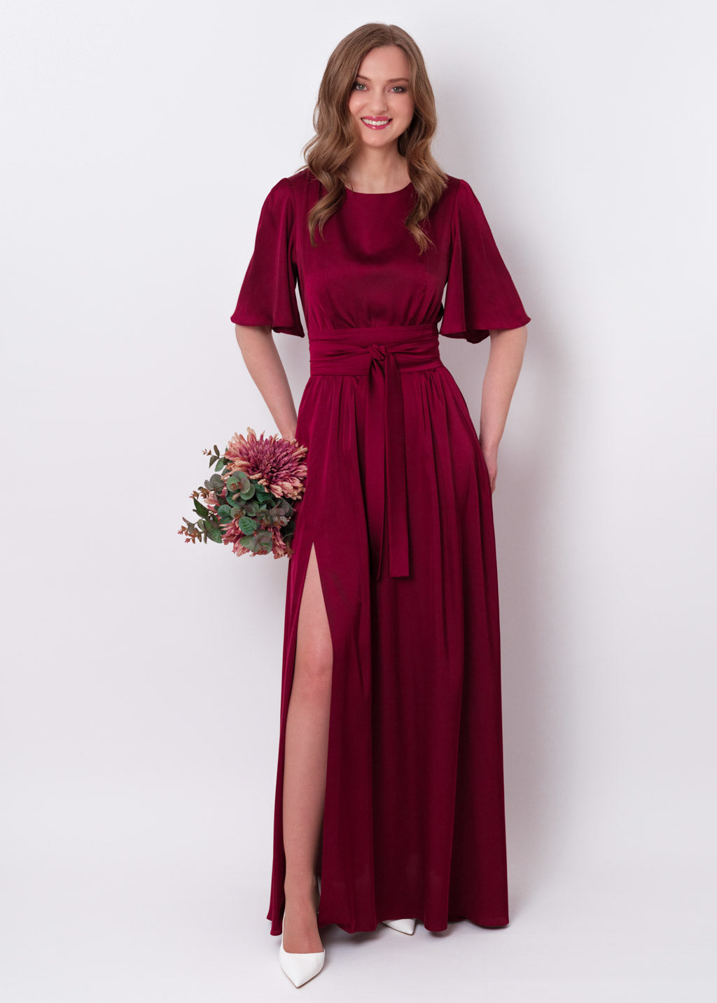 Burgundy slit silk dress with belt