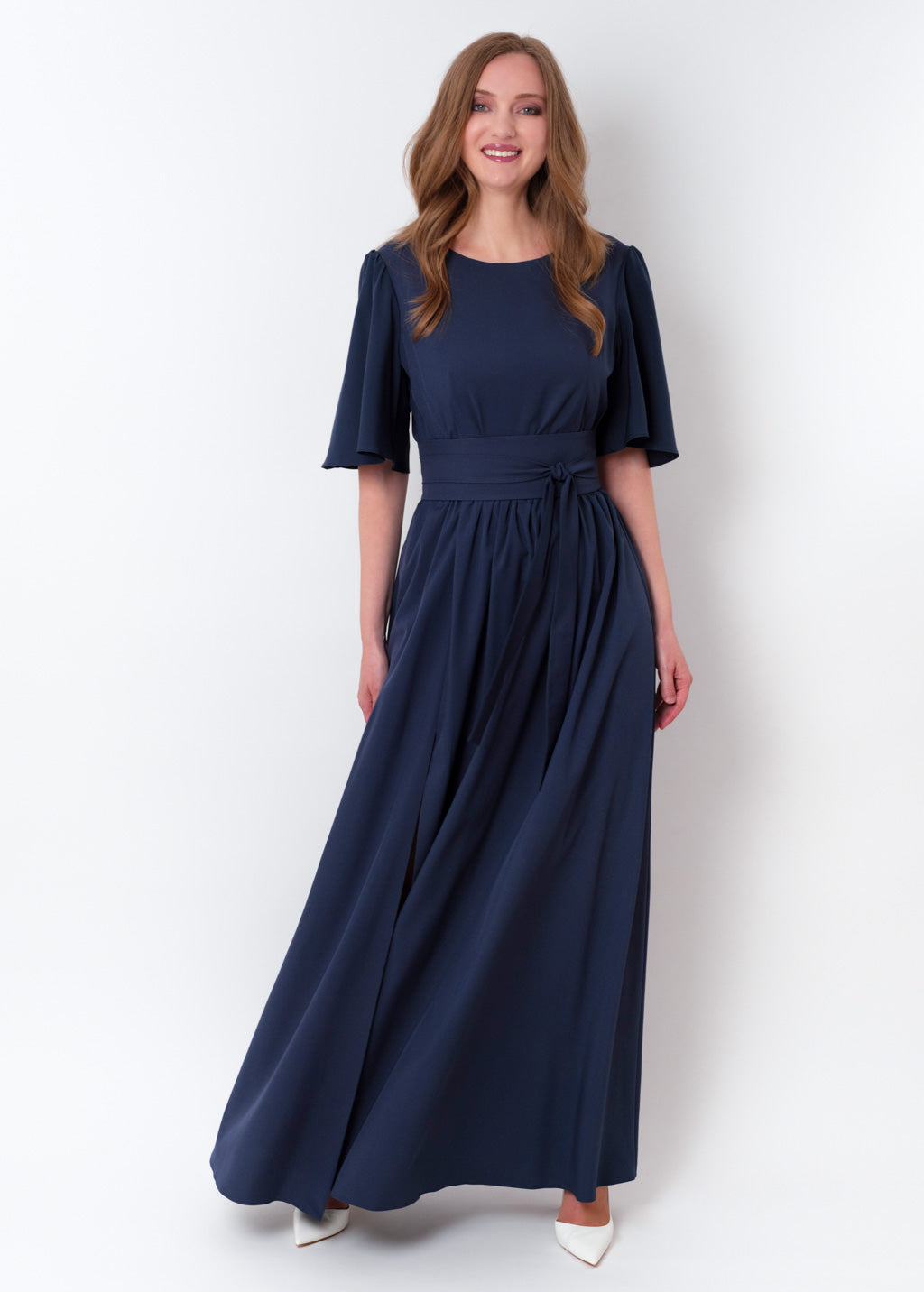 Navy blue long dress with belt