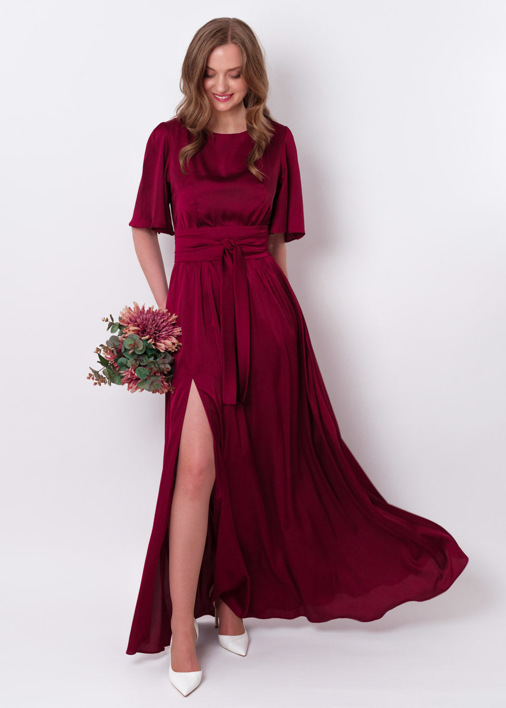 Burgundy slit silk dress with belt