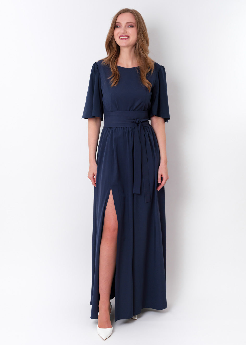 Navy blue long slit dress with belt