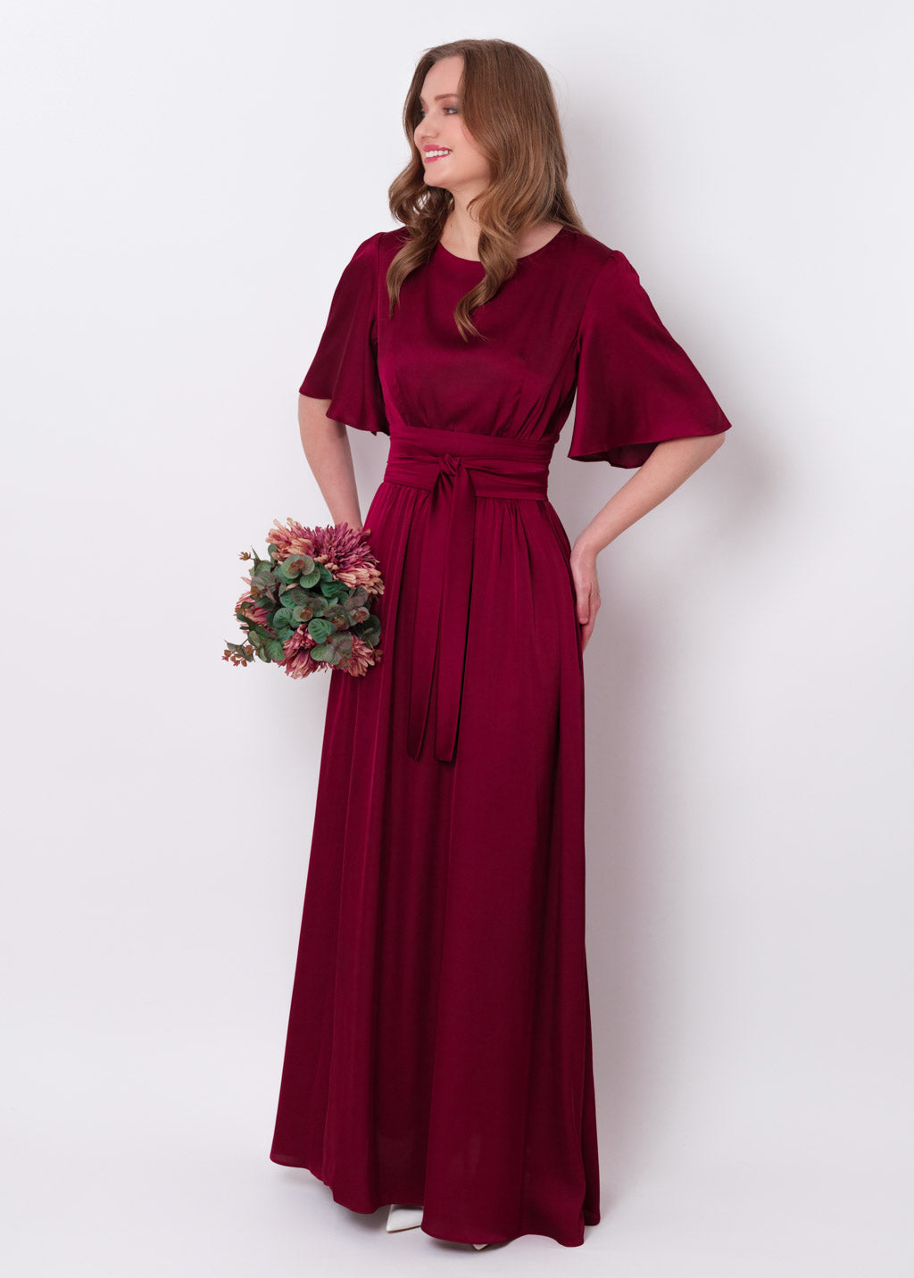 Burgundy silk dress with belt