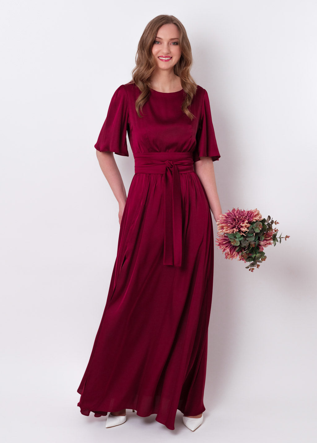 Burgundy slit silk dress with belt