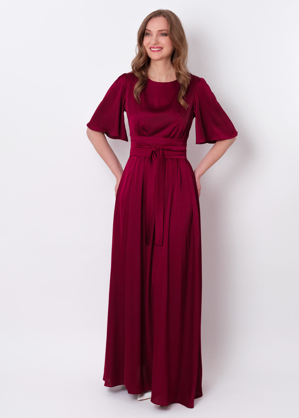 Burgundy silk dress with belt