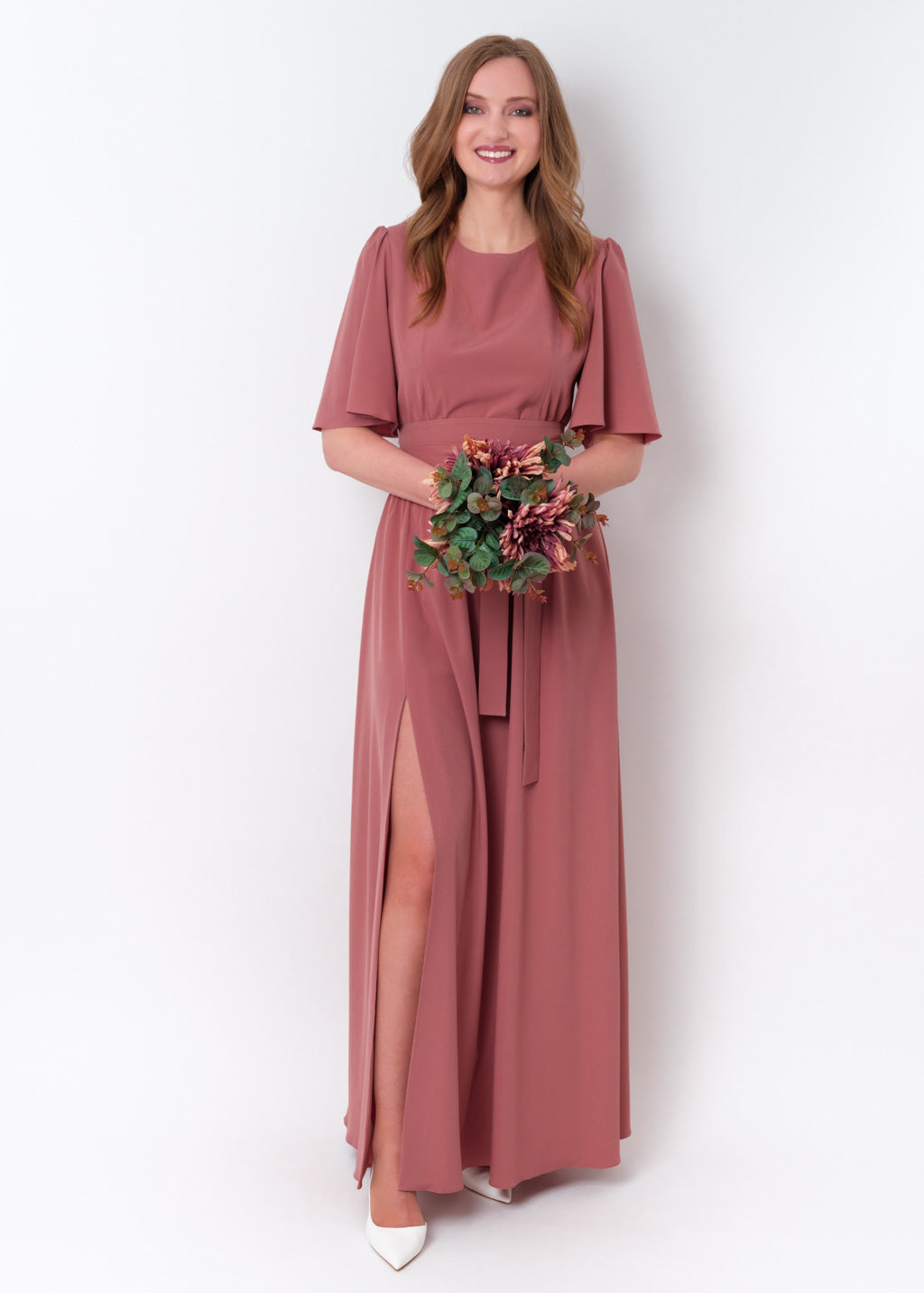 Rosewood long slit dress with belt