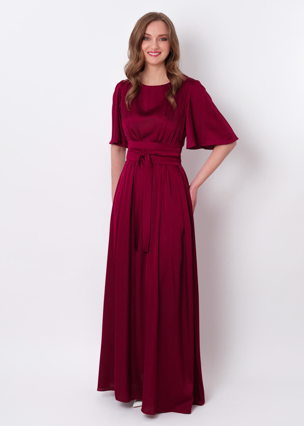 Burgundy silk dress with belt