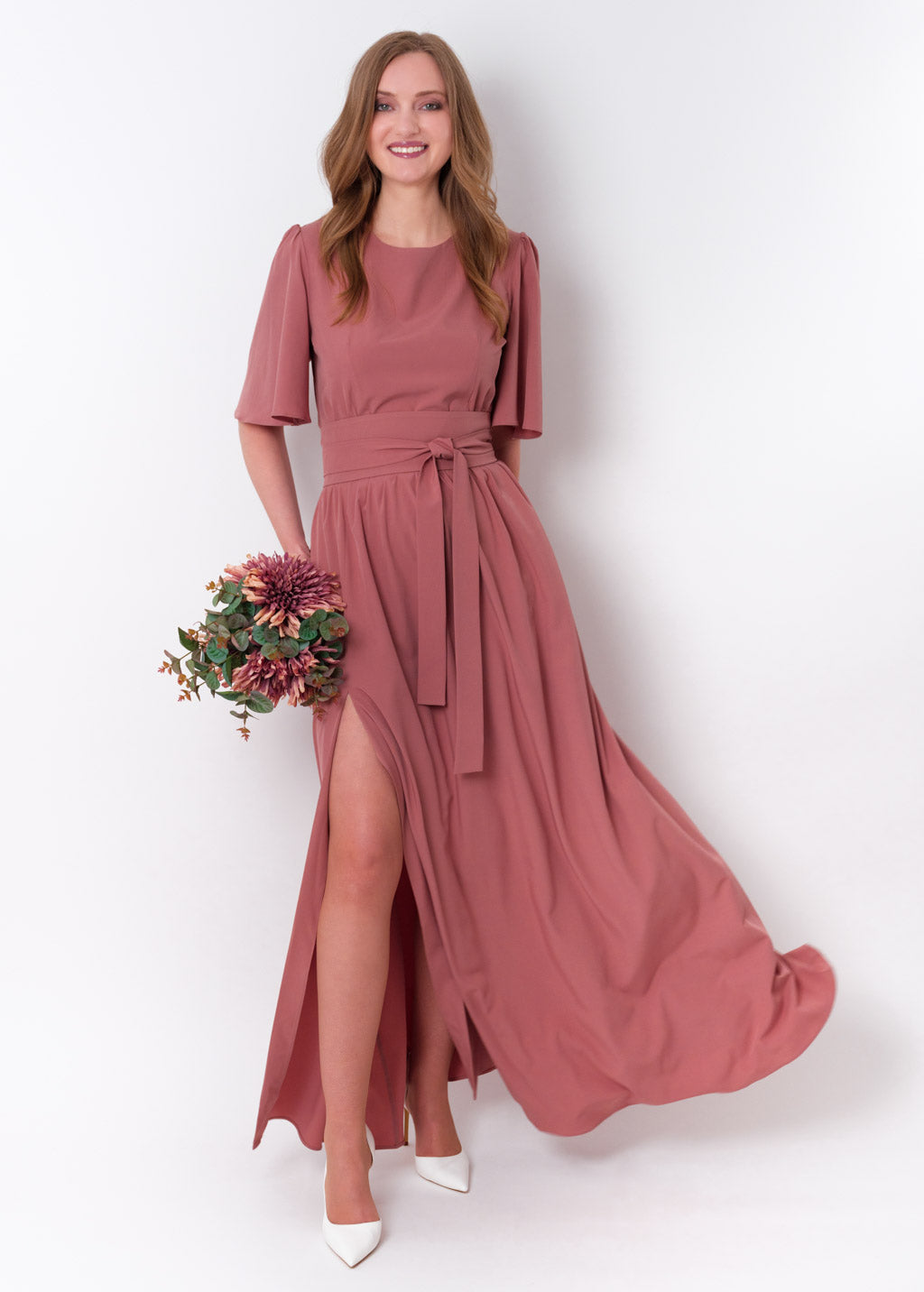 Rosewood long slit dress with belt