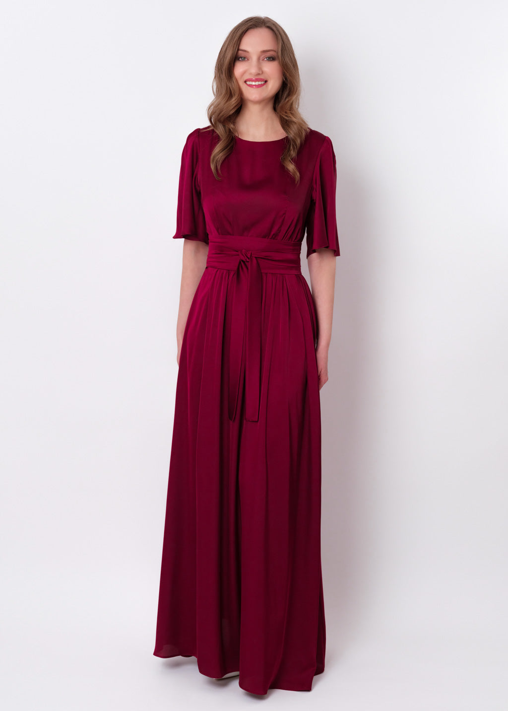 Burgundy silk dress with belt