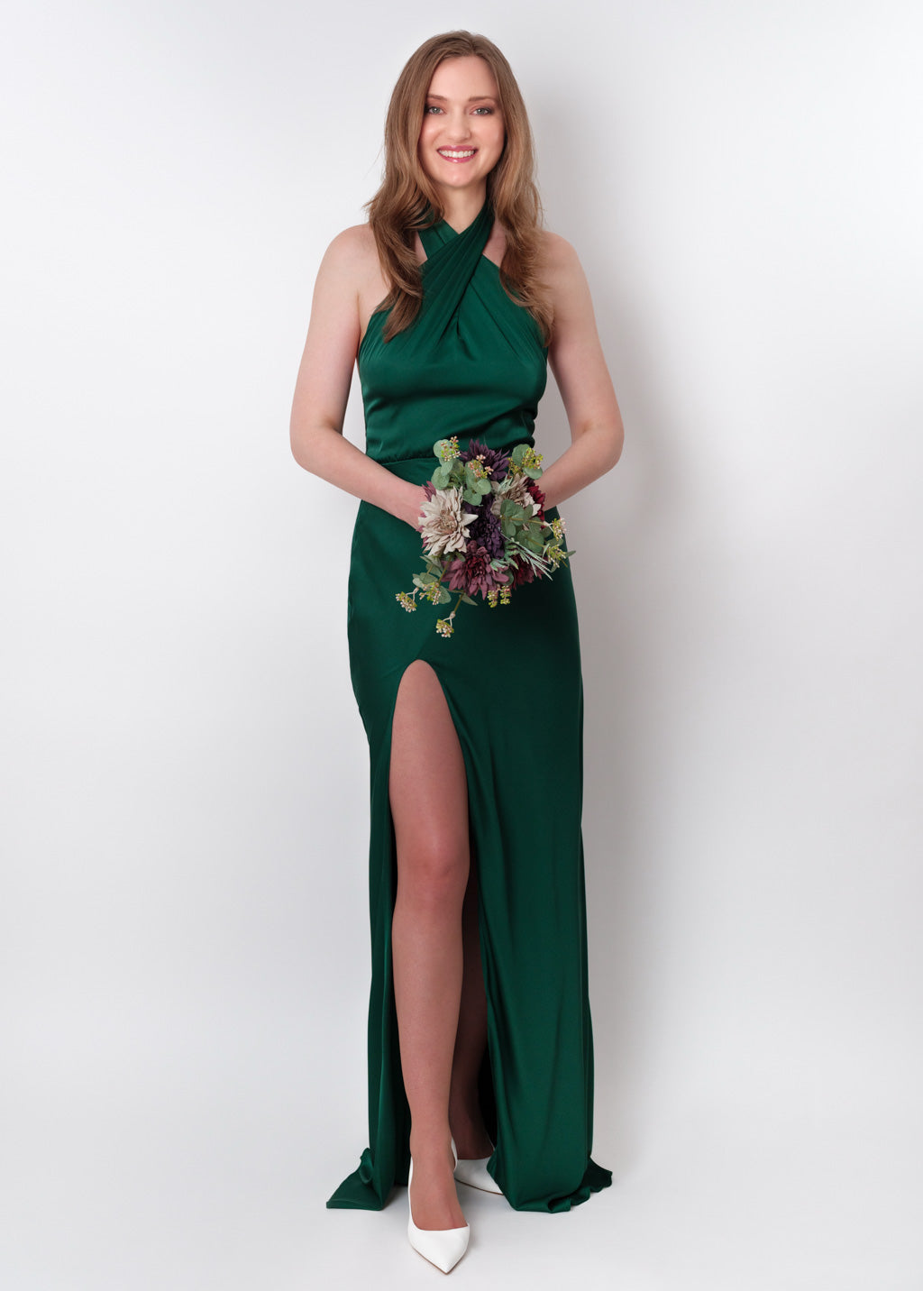 Dark green silk slit halter dress