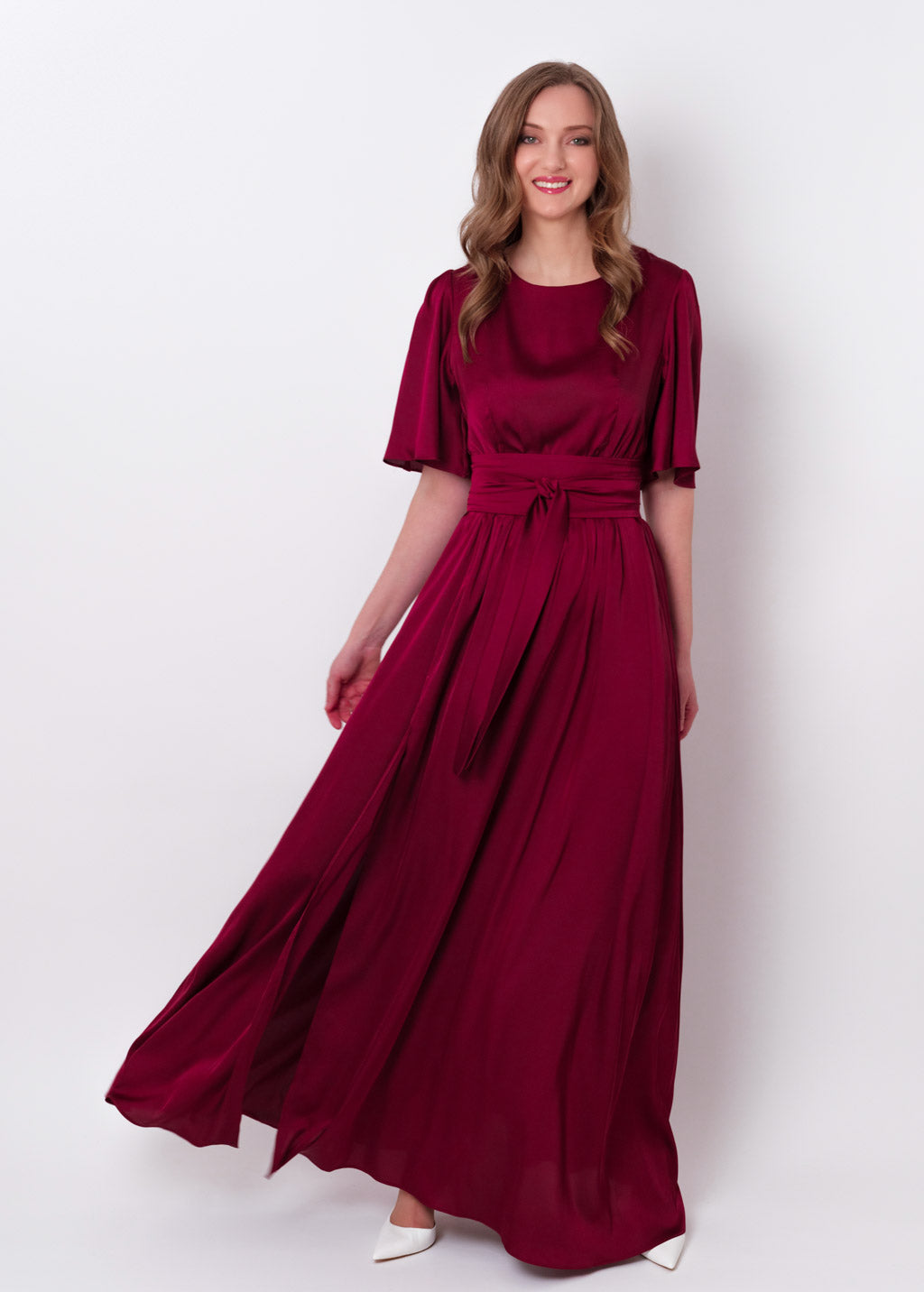 Burgundy slit silk dress with belt