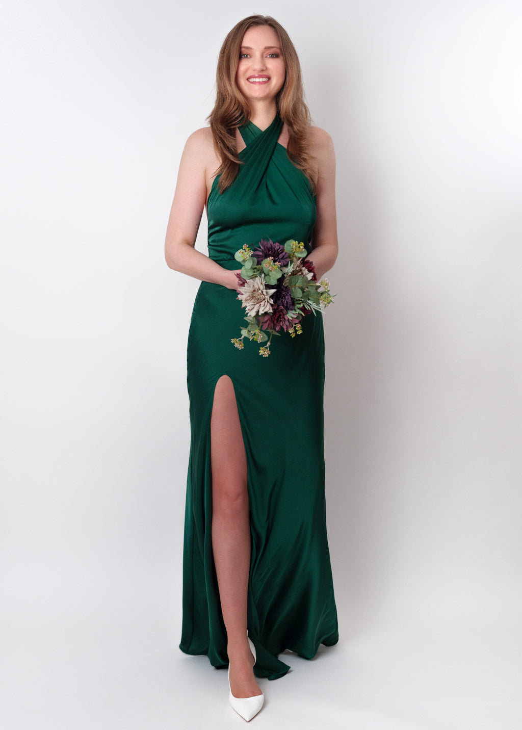 Dark green silk slit halter dress