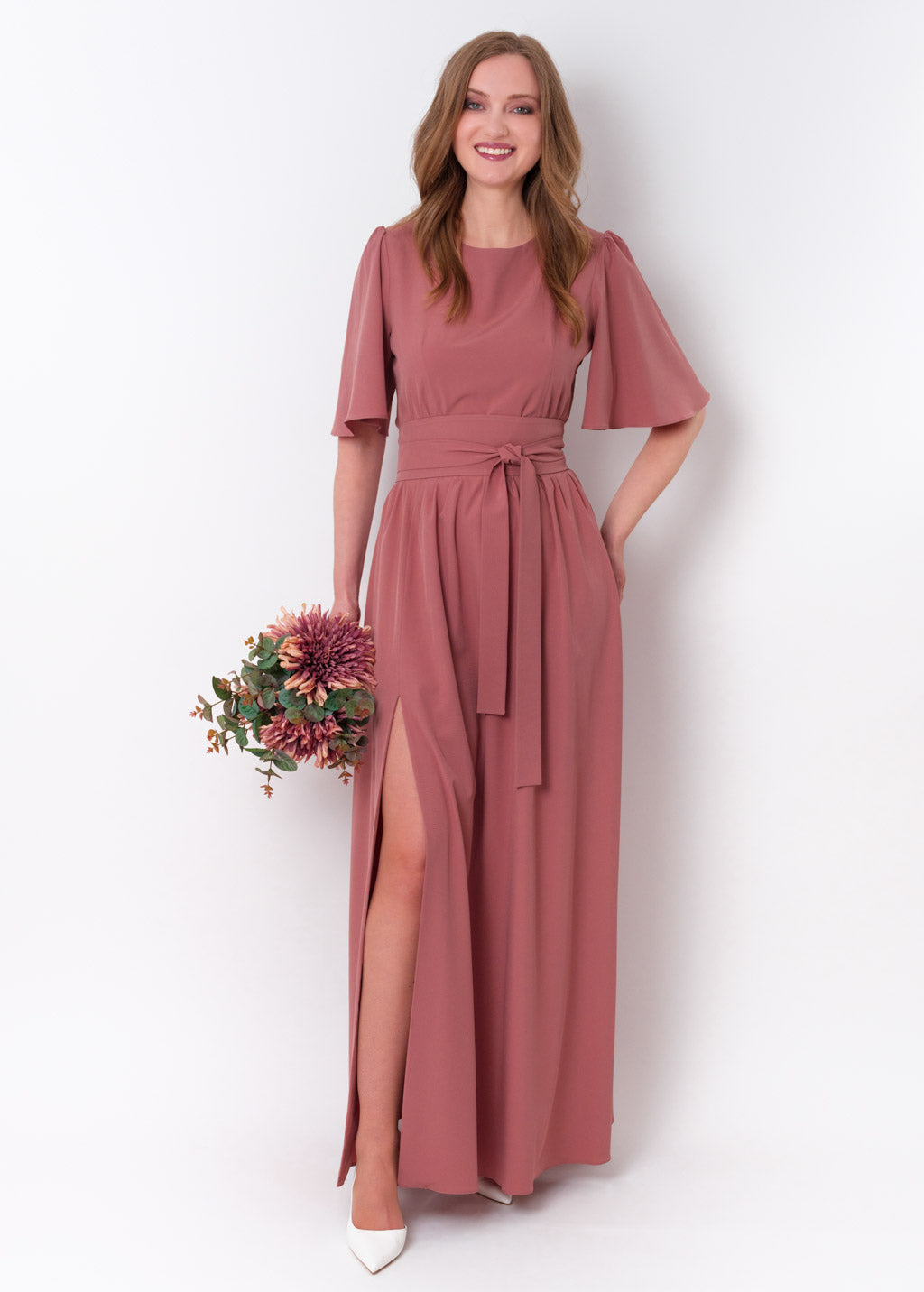Rosewood long dress with belt